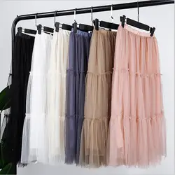 Летнее Тюлевое плиссированные юбки женские модный пэчворк длинная юбка эластичный Высокая Талия Твердые выдалбливают большой Размеры Для