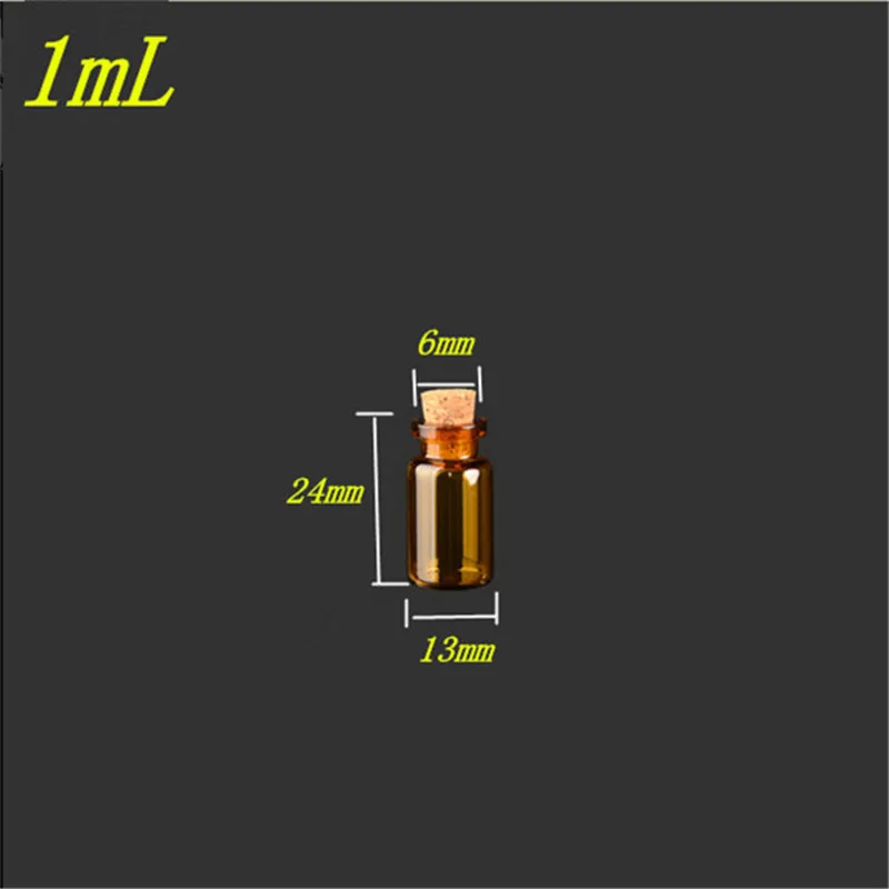 13*24*6mm 1ml Mini Amber Glass Bottles With Cork Empty Tiny Glass Vials Jars Small Wishing Bottle 100pcs 5