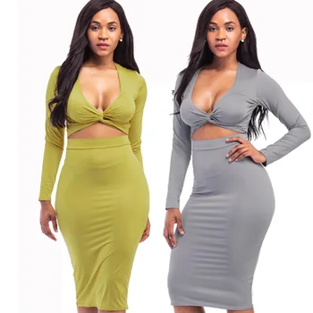 

2020 autumn Long sleeve 2 Two Piece Sets dress Women suit Feminino sexy v neck Crop Top And Bodycon Skirt Set Two-Piece Outfits