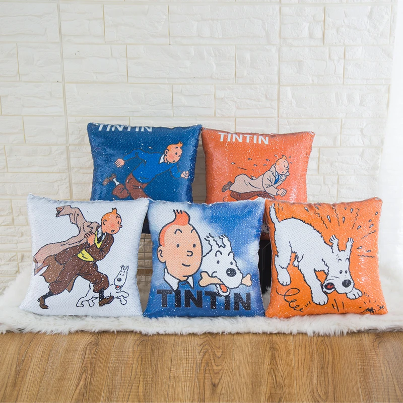 

Adventures Tintin Print Sequin Pillow Cover 40*40cm Cushion Cover Throw Pillows Case Car Sofa Home Decorative Cushion Covers