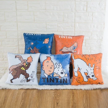 

Adventures Tintin Print Sequin Pillow Cover 40*40cm Cushion Cover Throw Pillows Case Car Sofa Home Decorative Cushion Covers