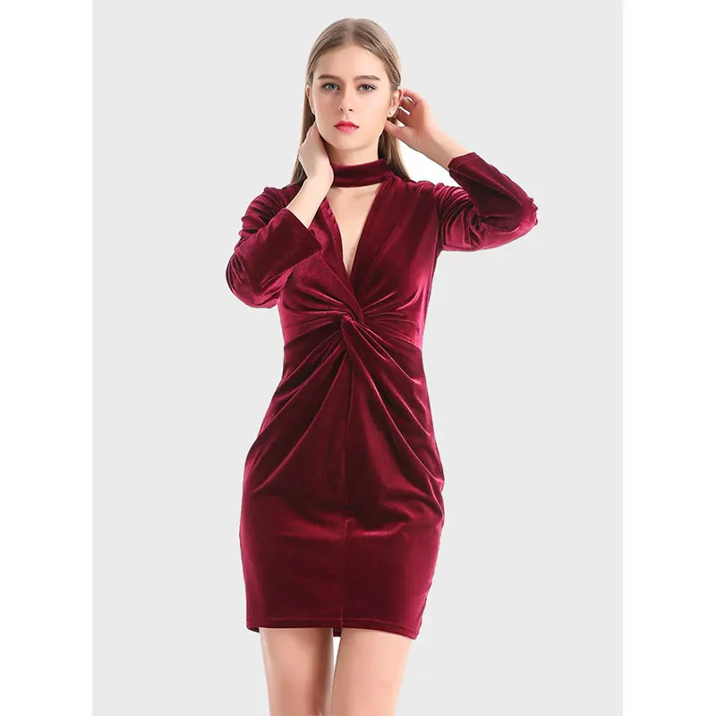 

Burgundy Cutout and Twist Back Velvet Bodycon Dress Solid Short Backless Elegant Sexy Dress Autumn Women Party Dresses