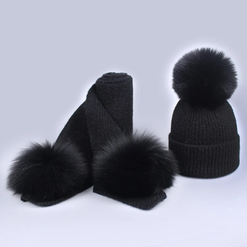 Зимняя женская шапка с помпоном из лисьего меха, шапка и шарф, набор, шерстяные вязаные забавные шапочки Skullies, теплые лыжные маски, новогодняя шапка - Цвет: Black 3 ball