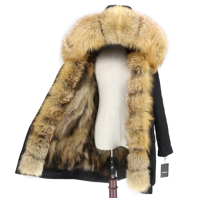 OFTBUY пальто из натурального меха енота, капюшон из лисьего меха, зимняя куртка, Женская длинная парка, водонепроницаемая верхняя одежда - Цвет: black gold