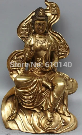 

14" Chinese Buddhism Bronze Cloud Kwan-yin Guan Yin Goddess Vase Statue