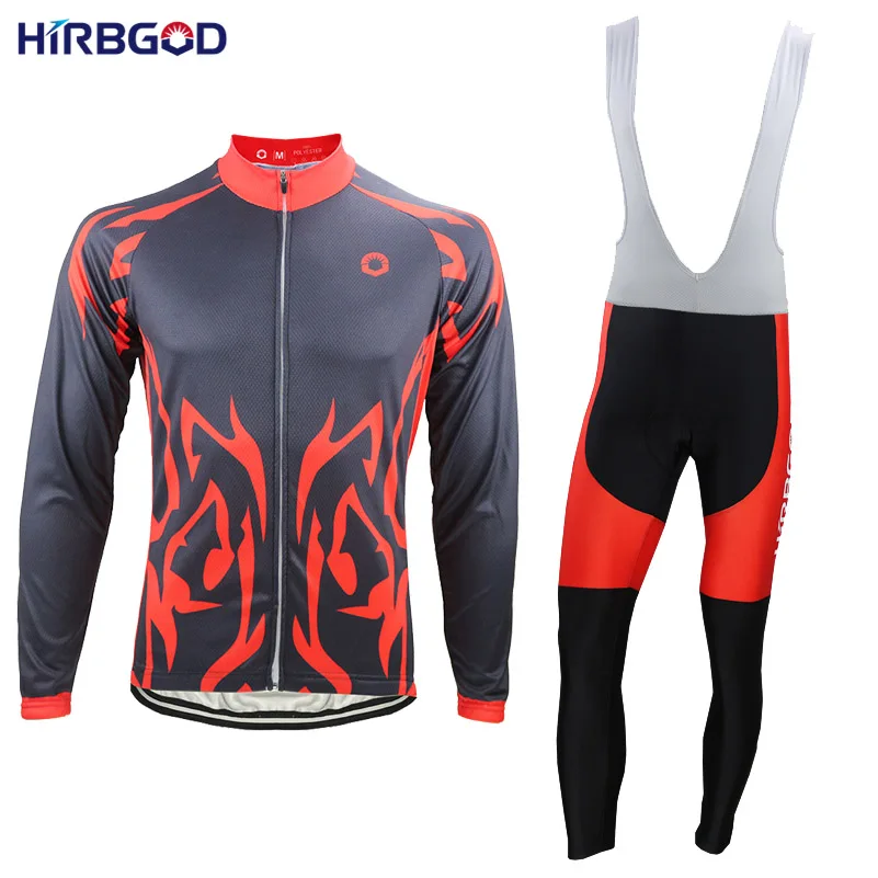 HIRBGOD 2017 Black Red Long Sleeve Cycling Jersey Autumn Bib Pants MTB Bicycle Wear Set Ropa