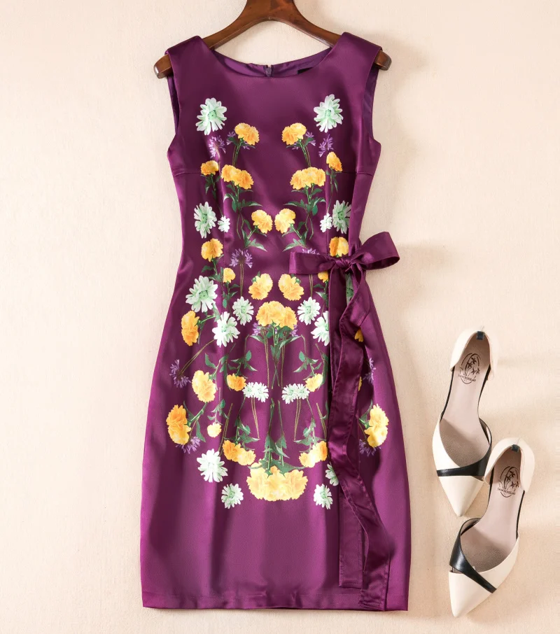 

Luxury Flower Print Women Sheath Dress Elegant O-Neck Sleeveless Work Dresses