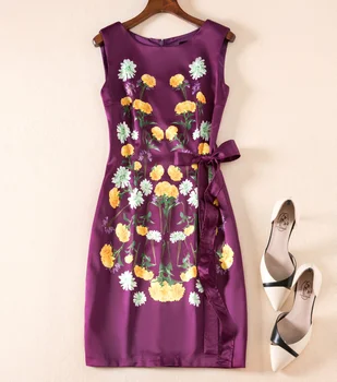 

Luxury Flower Print Women Sheath Dress Elegant O-Neck Sleeveless Work Dresses