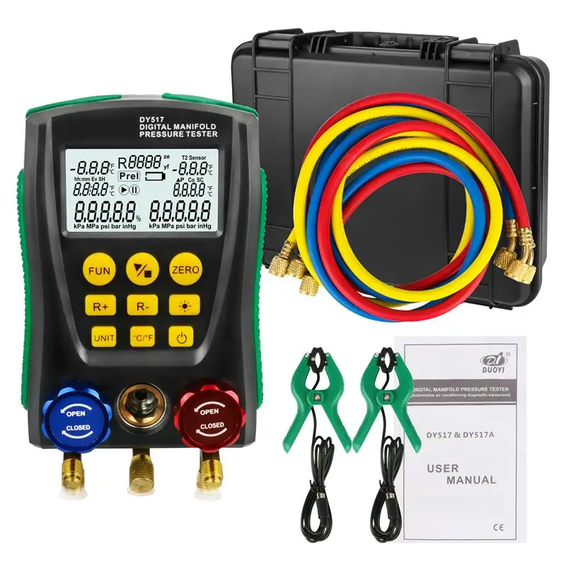 

DY517A Refrigeration Digital Manifold Gauge Meter HVAC Vacuum Pressure Temperature Tester Kit with Test diagnostic tool