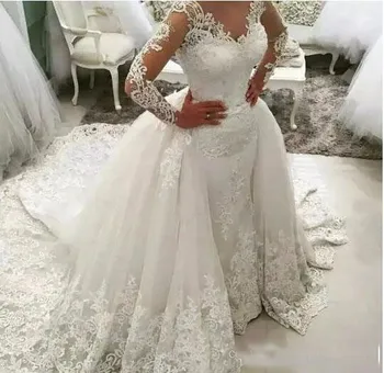 

Hot Sale Arabic Muslim Wedding Dress With Detachable Train Lace Appliqued Long Sleeve Plus Size Wedding Bridal Gowns