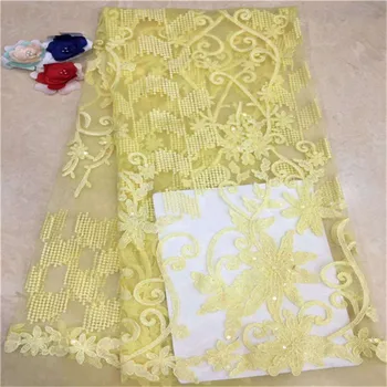 

2019 New High Quality Yellow Embroidery African Tulle Lace French Net Lace Fabric With Sequins For Party Dress