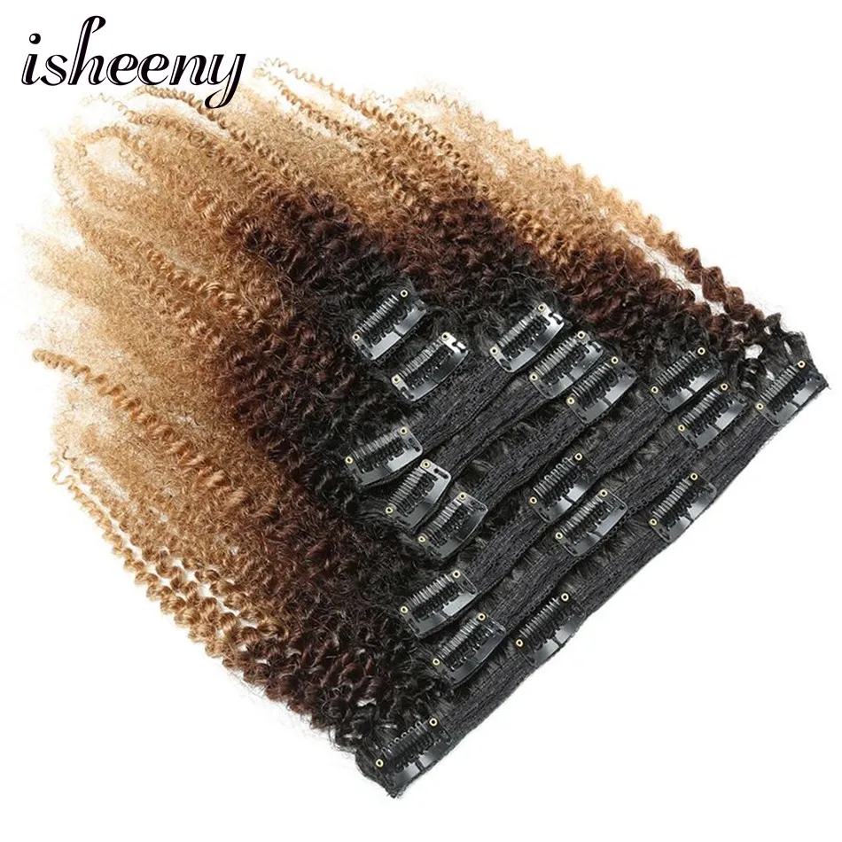 Isheeny 120g Clip Full Head 1B/4/27 Afro Kinky Curly Clip In Hair Extensions 8pcs/set Brazilian Human Extension Clip Hair