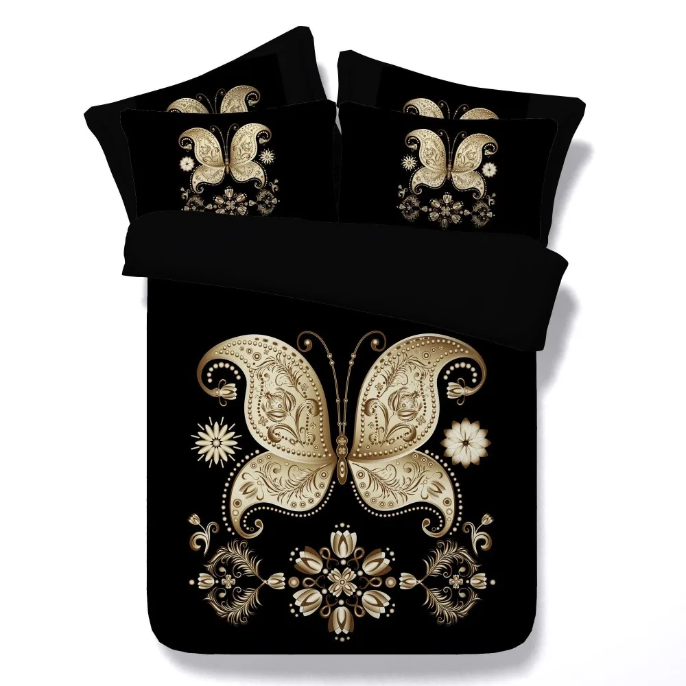 Black Gold Floral Bedding Set Butterfly Double Twin Full Queen