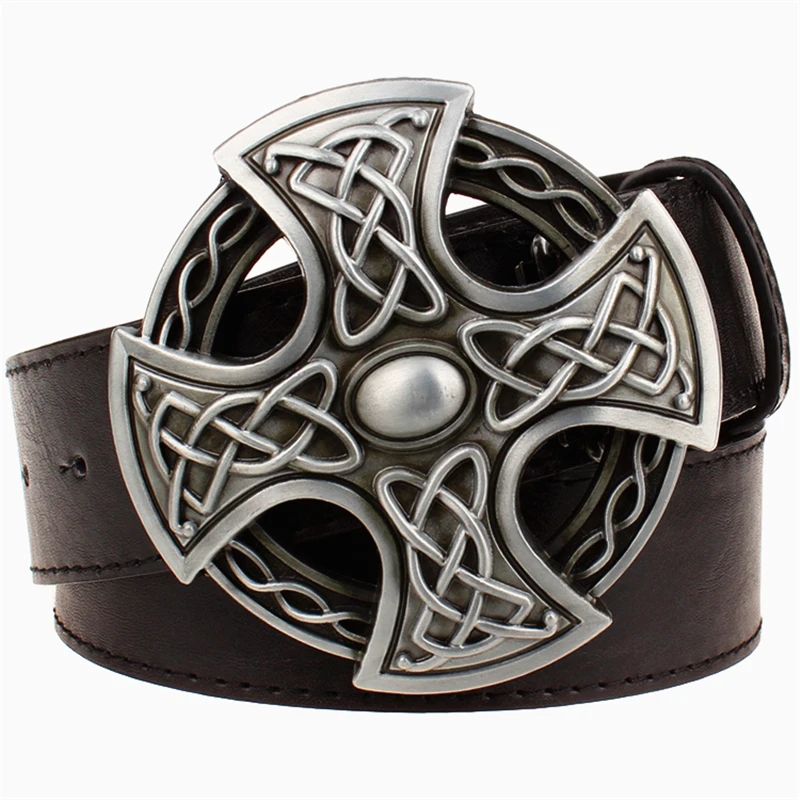 Fashion belt man women crosses pattern metal round buckle weave line