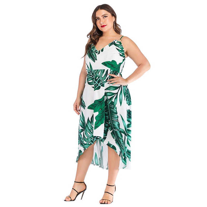 Plus Size Women Long Dress V Neck Sleeveless Strap Backless Sexy Dress Leaves Print High Waist Ladies Tunic Boho Beach Dresses