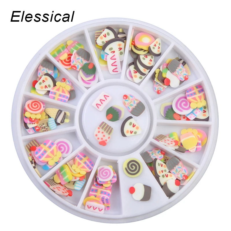 

ELESSICAL 1 Wheel Colorful Cake Design Fimo Nail Stickers Lovely Nail Art Decorations DIY Nail Charm Slices For Manicure WY1164
