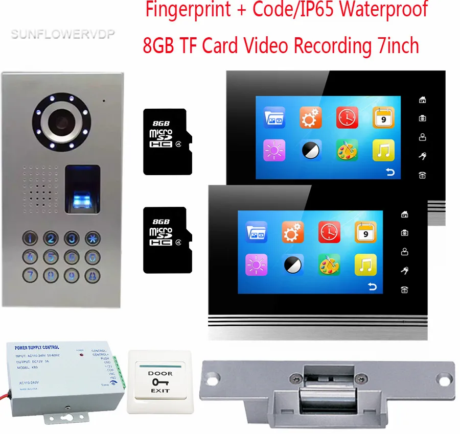 

Fingerprint Video On-Door Speakerphone 2 Monitors 8GB TF Card Recording Door Bell IP65 Waterproof Code With Electronic lock 7