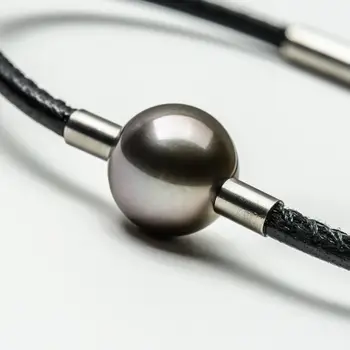 

11.7mm Round Gray Genuine Tahitian Cultured Pearl Real Leather Bracelet 8 inch