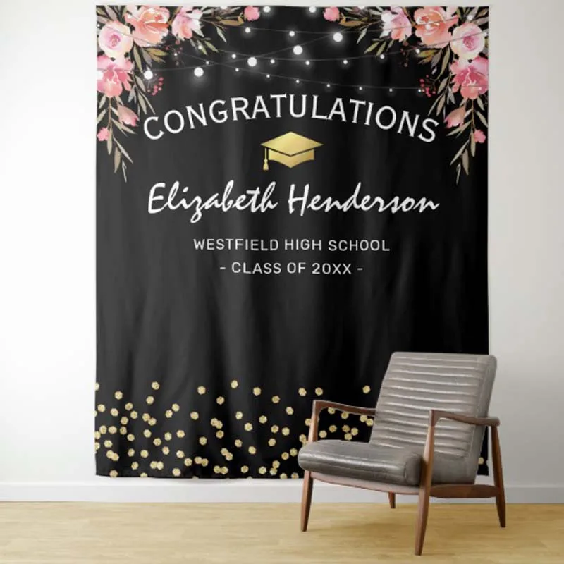 

Custom name Pink Floral Graduation Photo Backdrop Dorm Decor for Living Room Earth Wall Hanging Art for Bedroom Living Room Coll