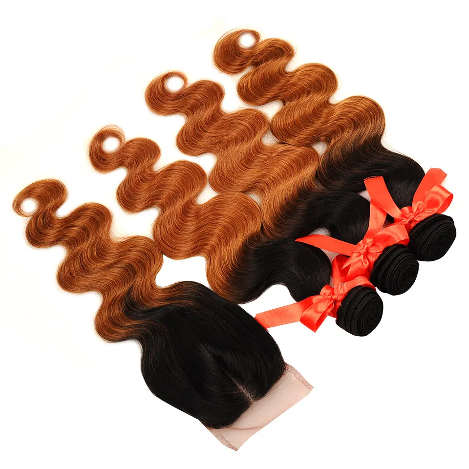 Pinshair Pre-Colored Ombre Brazilian Human Hair Body Wave 3 Bundles With Closure 1B 30 Hair Weave Bundles With Closure Non Remy (36)