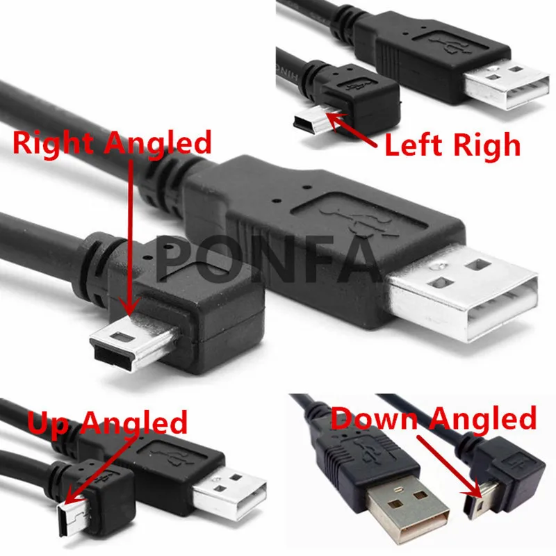 USB 2,0 штекер для мини-usb B Тип 5pin 90 градусов вверх и вниз и влево и вправо Угловой Мужской кабель для передачи данных 0,25 м/0,5 м/1,8 м/5 м