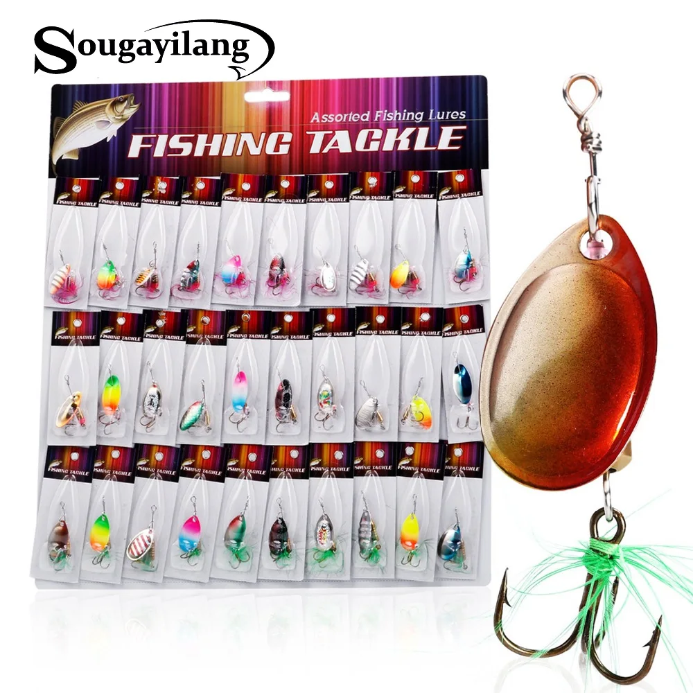 

Sougayilang 30Pcs Spinner Fishing Lures Sequin Spoon Metal Wobbler Baits CrankBait Bass Fishing Tackle Feather Hooks Pesca peche