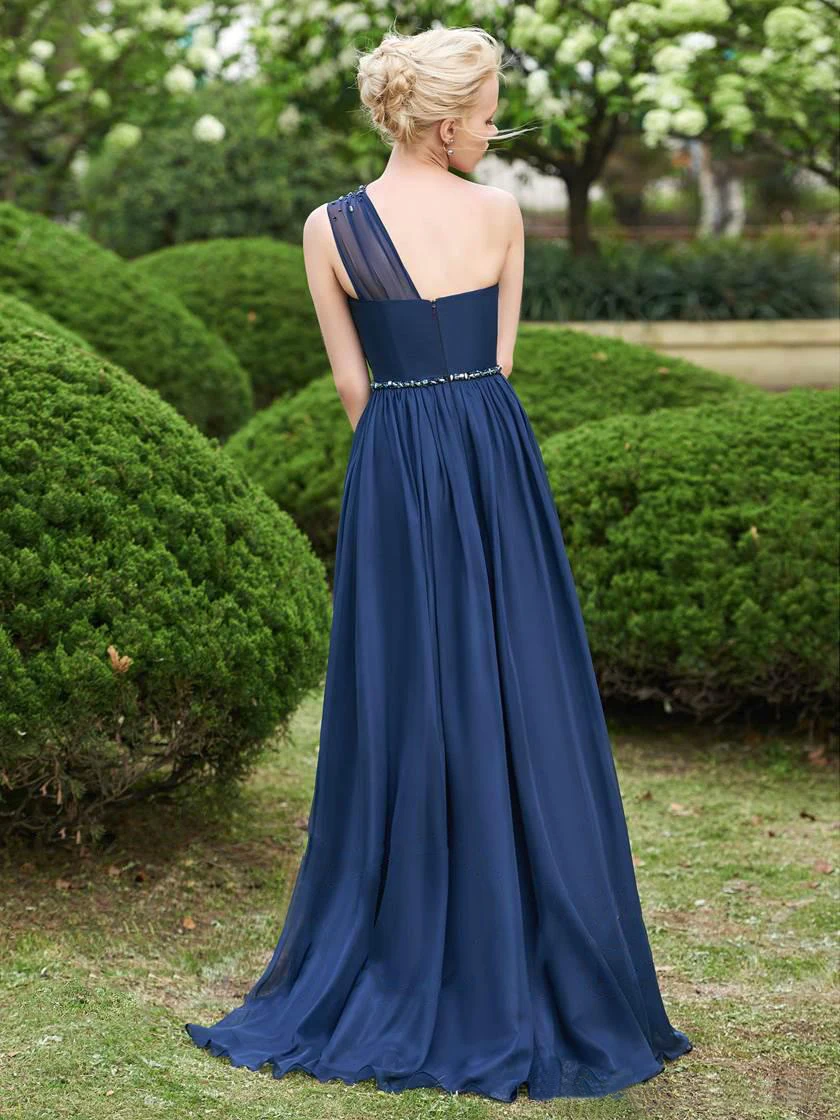 Шифон темно платье свидетельницы морского цвета одно плечо Vestido Longo пляжный сад с поясом платье для Свадебная вечеринка подружки невесты