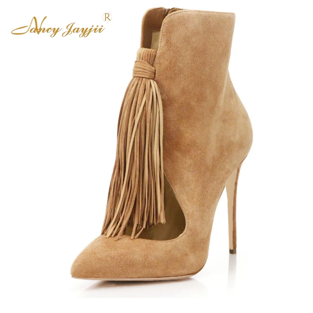 

Nancyjayjii Women New 2018 Spring Flock-Househair Pointed-Toe High Heel Red-Bottom Zippered Boots,Plus Size 4-16,Fashion&Casual