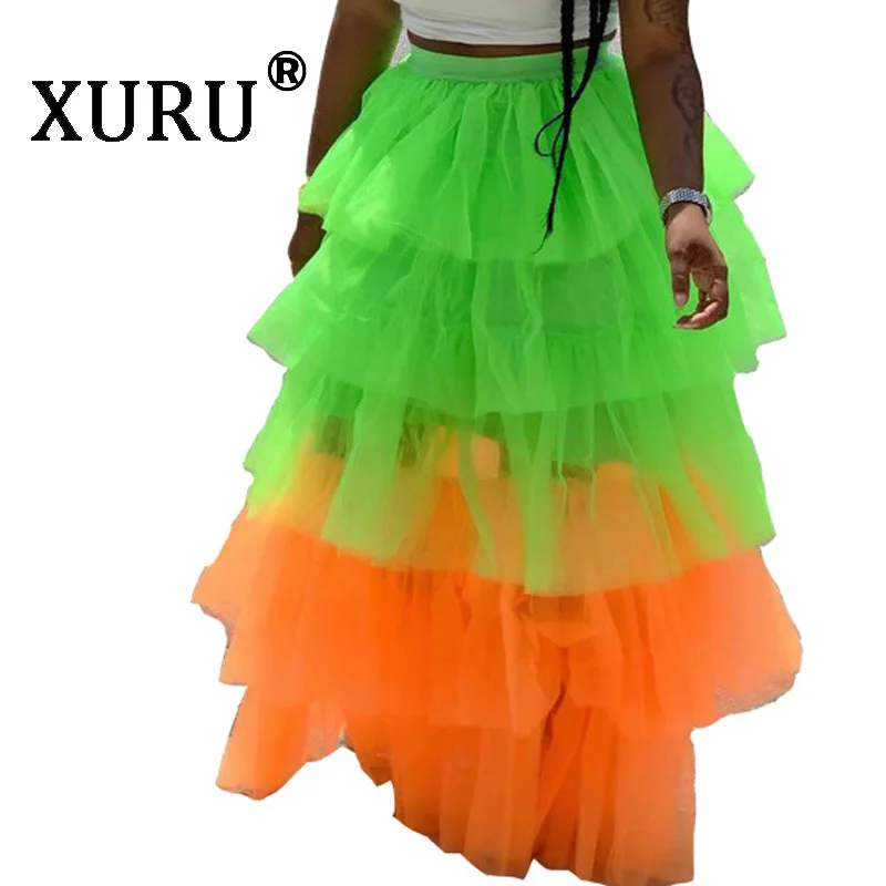 

XURU summer new women's mesh cake skirt multicolor sexy fashion casual stitching irregular skirt
