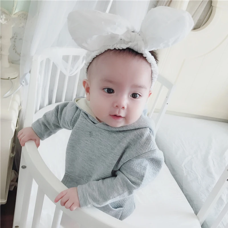 Милый хлопковый комбинезон с капюшоном и заячьими ушками для новорожденных мальчиков и девочек, Униформа-комбинезон для детей от 0 до 24 месяцев
