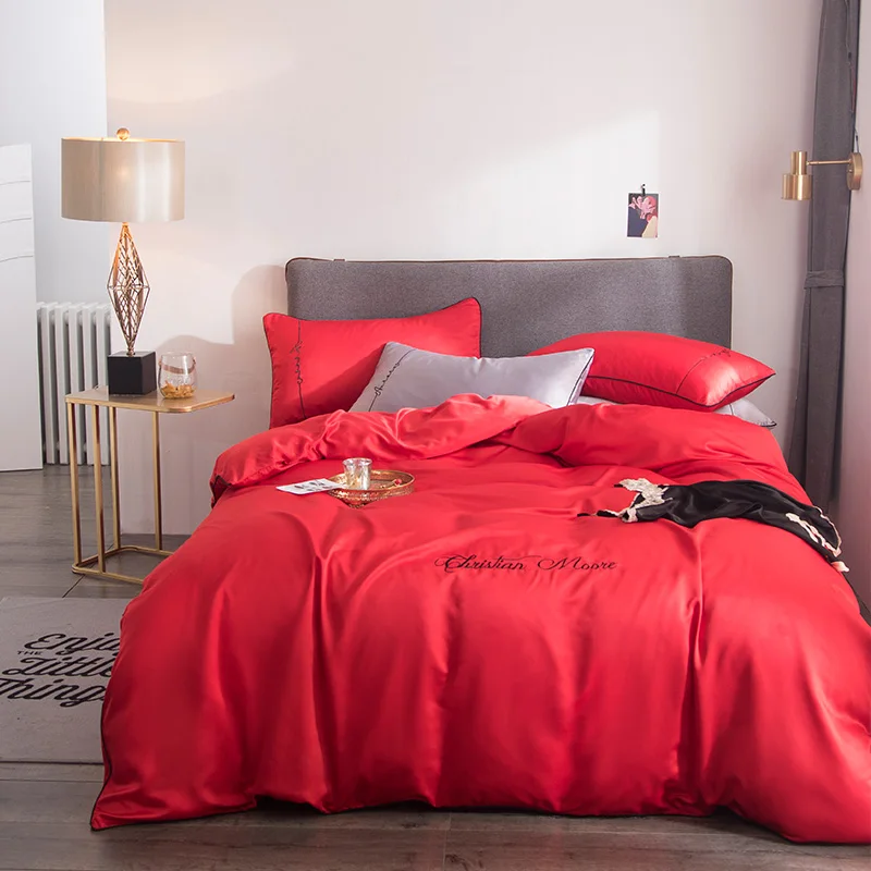 

Washed silk Bedding Set With Duvet Cover Bed Sheet Pillow Cover Luxury Satin Bedding Bed Linen King Queen Size red bedclothes