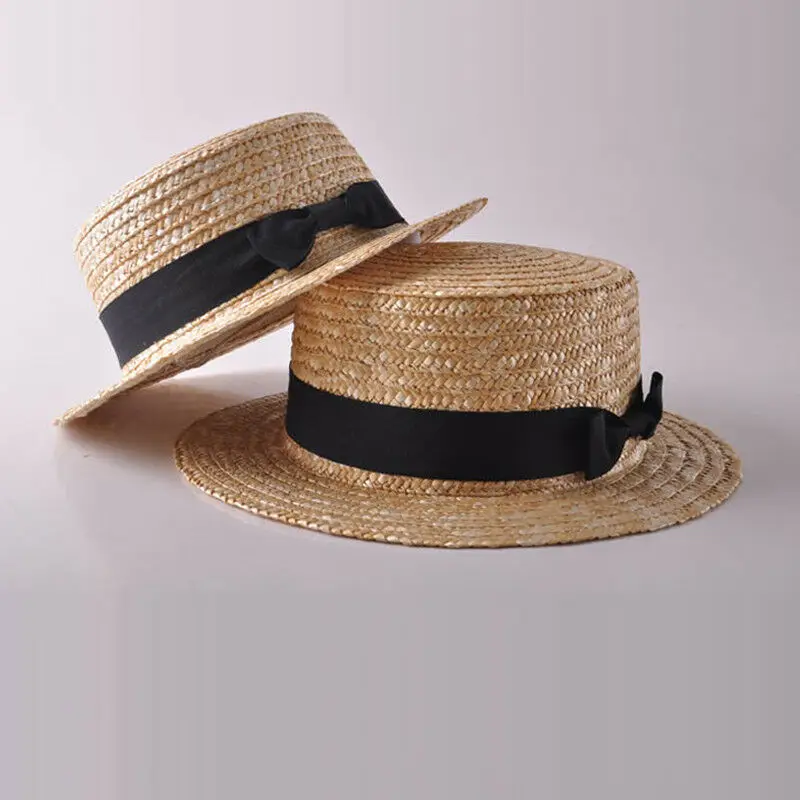 

Women Hat Girls Hat Solid Fashion Women Girls Boho Straw Sun Hat Bow Flat top Wide Brim Beach Cap