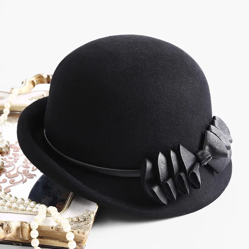 Beckyruiwu женский роскошный головной убор леди банкет формальный кожаный бант лента фетровая шляпа для женщин Асимметричная чистая шерсть фетровая шляпа - Цвет: black