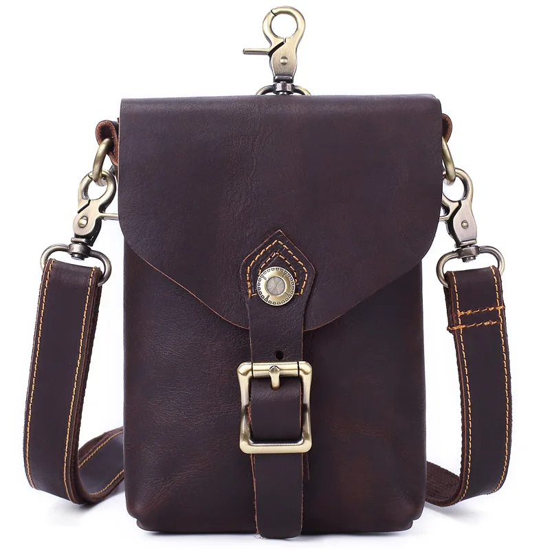 MISFITS crazy horse, натуральная кожа, мужская сумка-мессенджер, Ретро стиль, для путешествий, сотовый телефон, поясная сумка, сумка на плечо, Мужская маленькая сумка через плечо - Цвет: Dark Brown