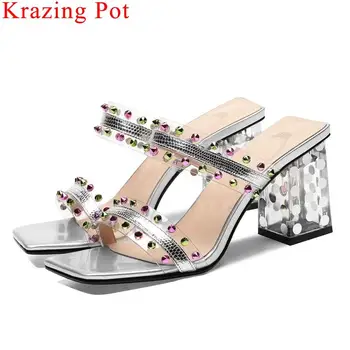 

Krazing Pot Ethnic style colorful rivets decoration thick high heels peep toe women sandals high quality wedding party shoes L00