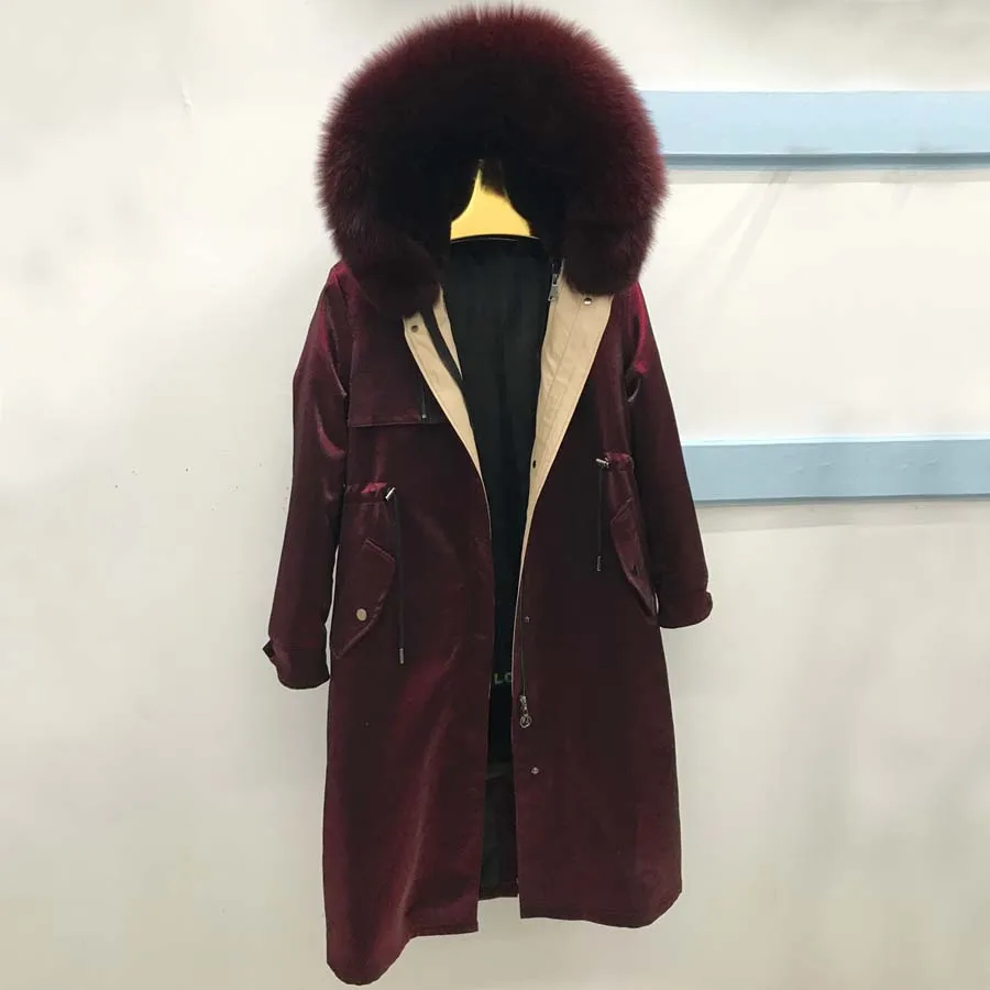 

long Red wine New Fashion Woman Luxurious Real rabbit fur lining Large fox fur collar hood Detachable Warm Streetwear