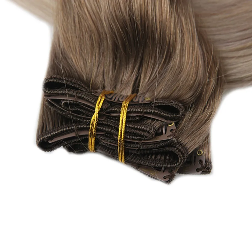 Блестящие накладные волосы на заколках с эффектом омбре, человеческие волосы, машинка для наращивания, Remy Balayage, цвет#8, выцветание до 60, 18, пепельный блонд, 10 шт