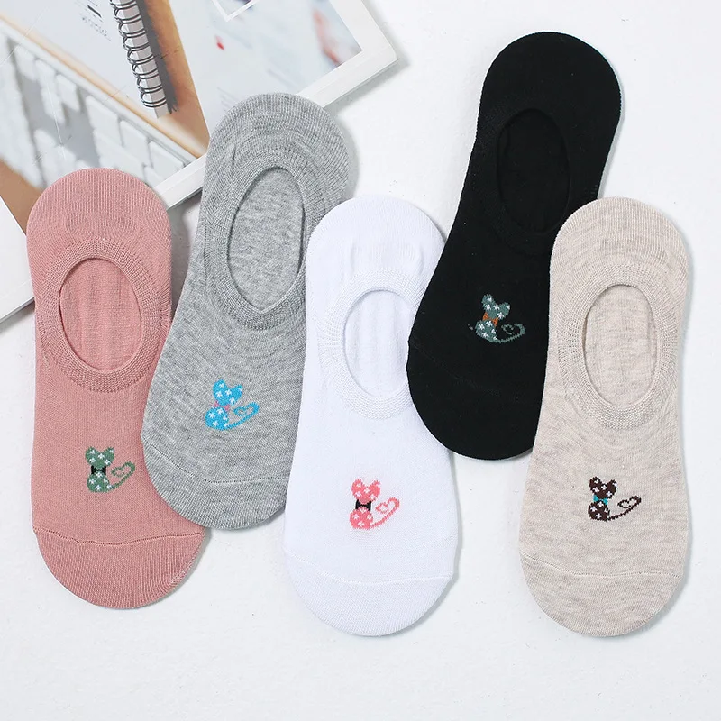 Jeseca 5 Pairs/Lot Women Cotton Sock Cartoon Animal Cute No Show Sock Japanese Kawaii School Student Invisible Non-slip Boat Sox - Цвет: Y501