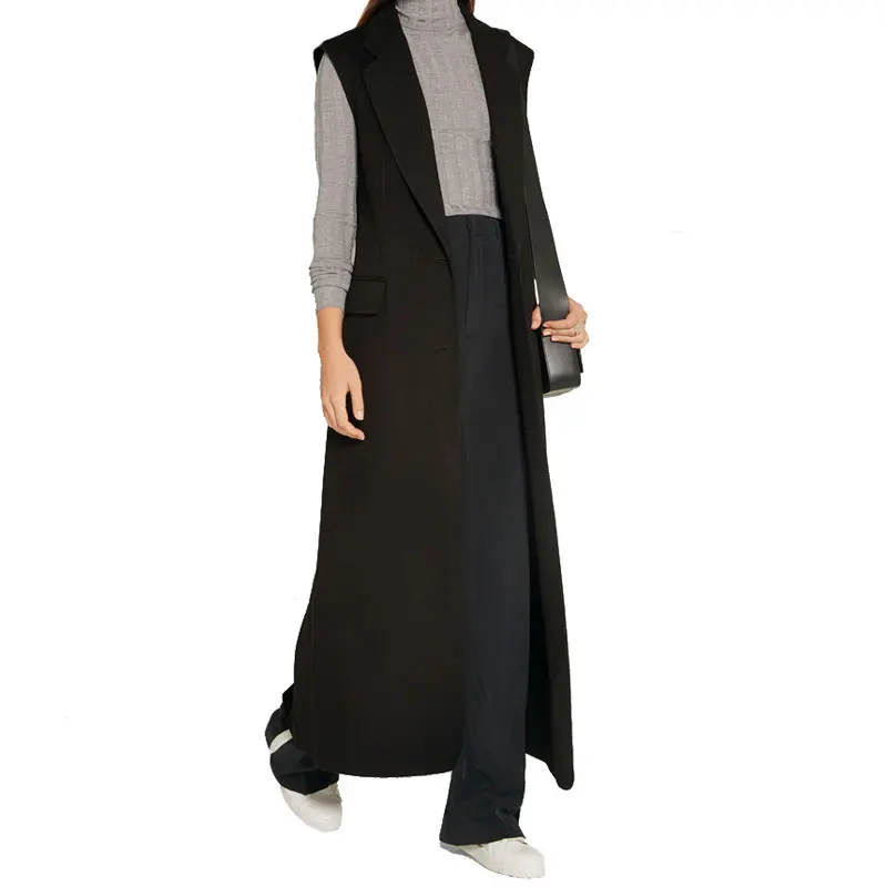 

2019 Autumn Winter Style Women Woolen Notched Sleeveless Blazer Long Vest Casual Black V Neck Slim Elegant Chic OL Coat Vests