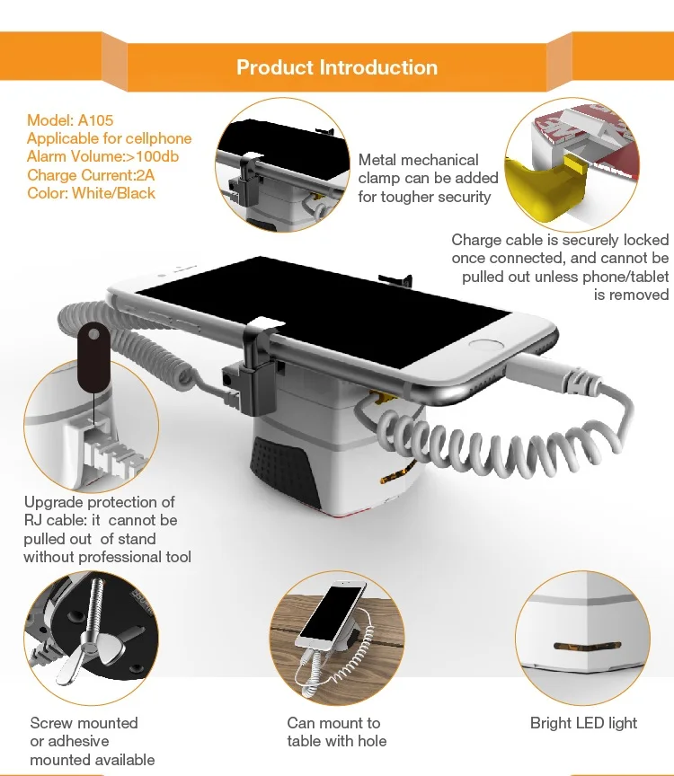 A105 Smartphone_anti_theft_solutions_Cell_phone_anti_theft_holder_display_stand_with_alarm_and_charger_for_apple_android