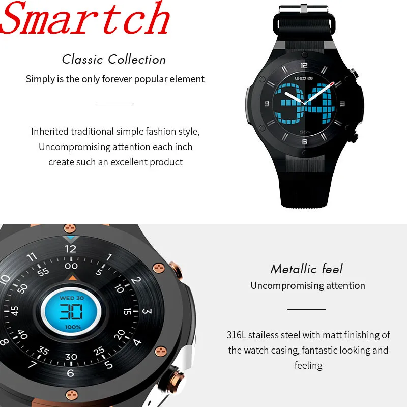 

Smartch H2 Smart Watch MTK6582 IP68 Waterproof 1.39inch 400*400 GPS Wifi 3G Heart Rate Monitor1G+16G Bluetooth 4.0 Smart reminde