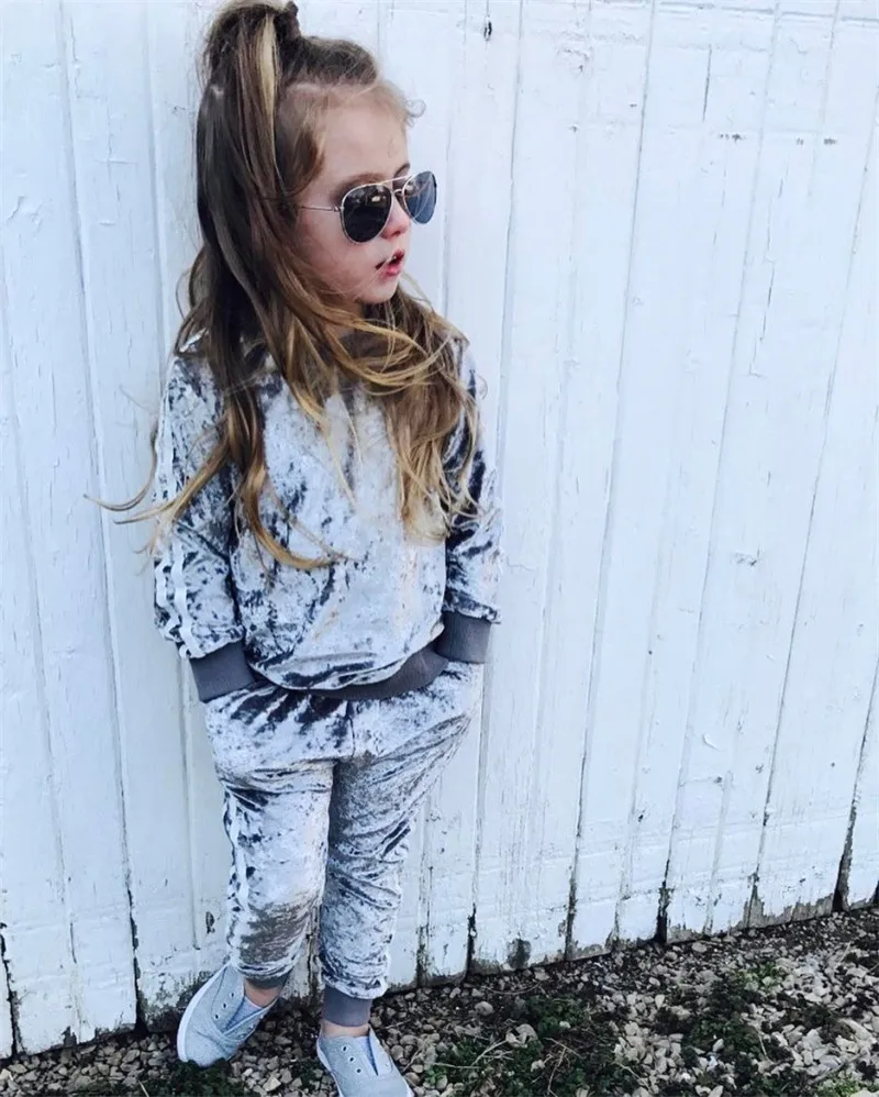 Осенний бархатный топ для маленьких девочек, Толстовка и штаны, комплект одежды