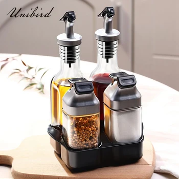 

Unibird 4Pcs/Set Kitchen Condiment Container for Spices Jars Glass Oil Pots Seasoning Bottles Soy Sauce Vinegar Dispenser Tools
