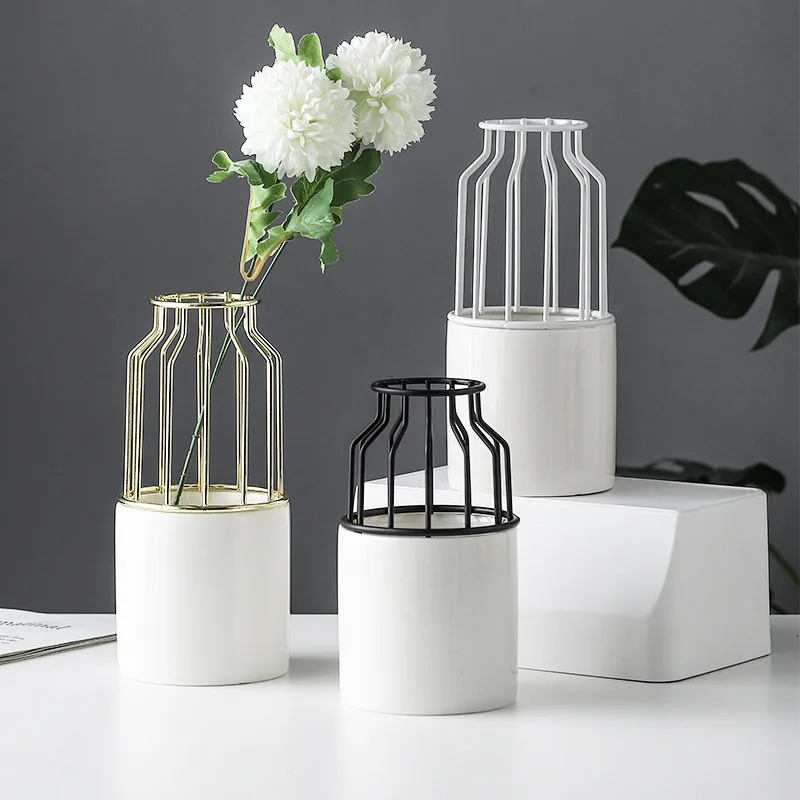 

Nordic Minimalism Ceramic Vase Wrought Iron Vase Simple Iron Frame Stand Desktop Plant Flower Pot