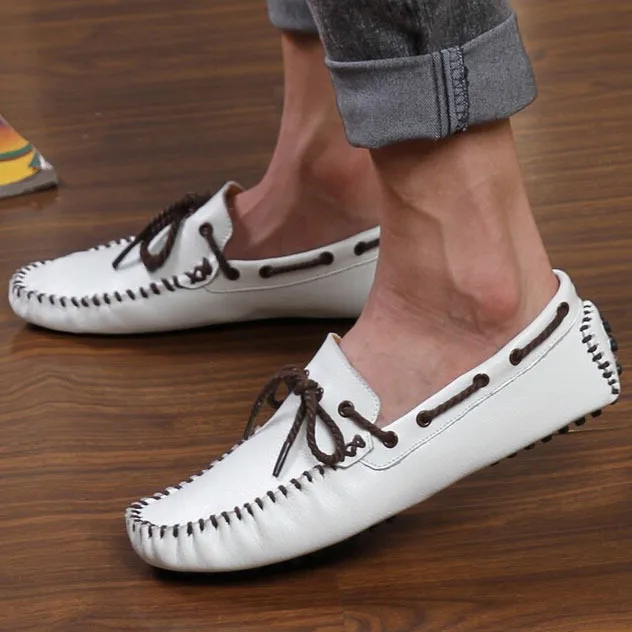 MerkmakBrand/мужские лоферы из натуральной кожи; Мягкая Повседневная Удобная обувь для вождения; Мокасины без застежки - Цвет: white loafers