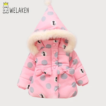 

welaken 2019 New Hot Girl's Parkas Cartoon Cute Cat Baby Kid's Bowknot Snow Wear Winter Children Christmas Soft Hooded Clothing