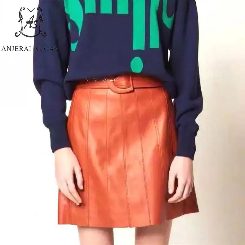 

Spring Genuine leather skirts women orange sexy High waist D buckle belt stitching pleated real sheepskin female A line skirt