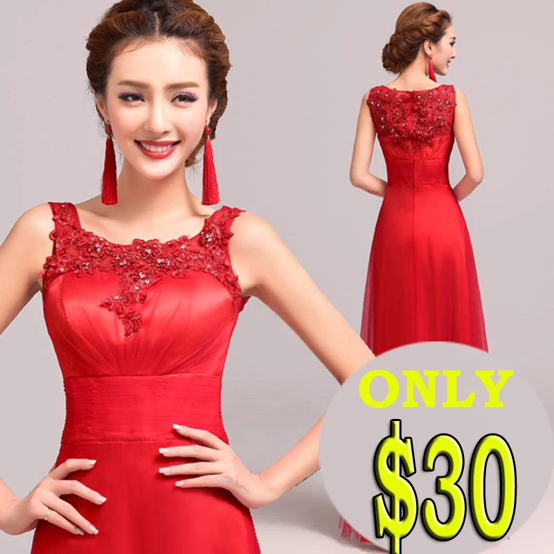 Elegant Red Long Prom Dresses 2016 Lace scoop sleeveless slim solid