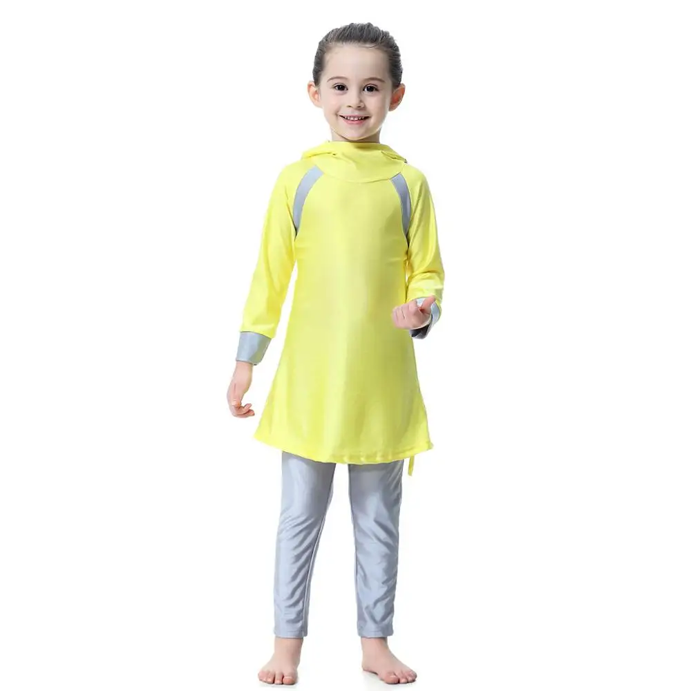 Новое поступление скромные купальники для мусульманских девочек длинные рукава Исламский купальник с капюшоном лоскутное пляжная одежда купальный костюм - Цвет: yellow