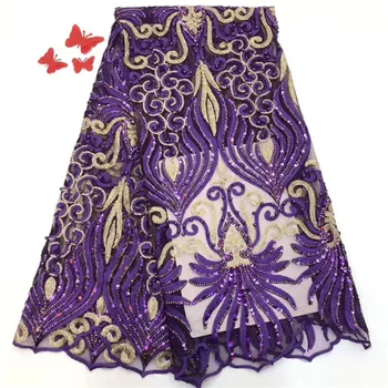 

African Dresses For Women Nigeriane, African Textiles Lace Purple, Sequins Velvet Net Lace Fabric FFJ59